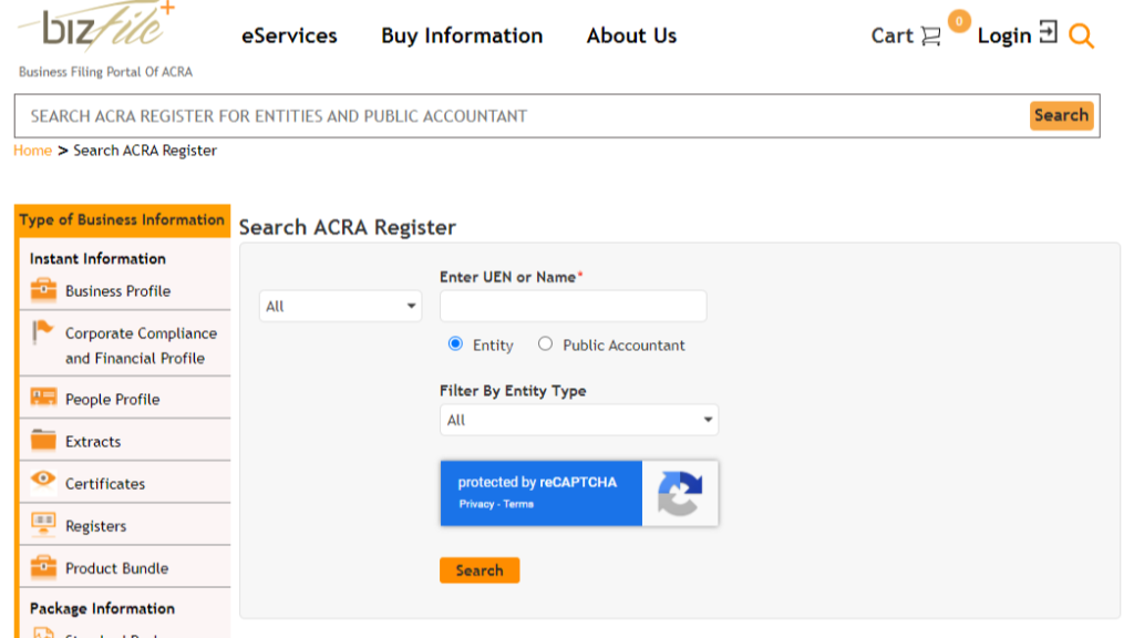 Screenshot of Singapore company database BizFile