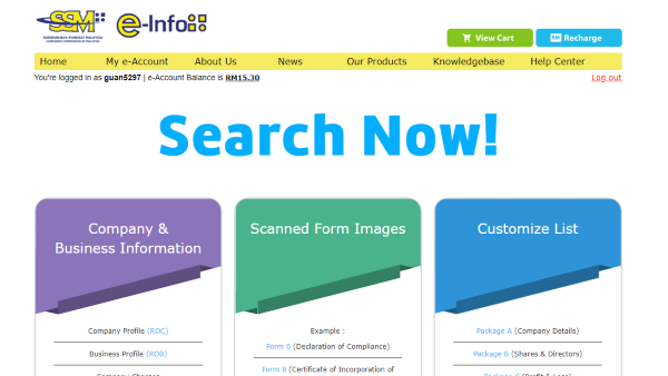 Screenshot of toppage of SSM e-info Malaysia company database