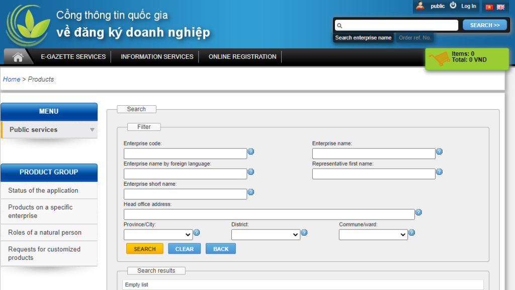 Screenshot of top page of Vietnam company database National Business Registration