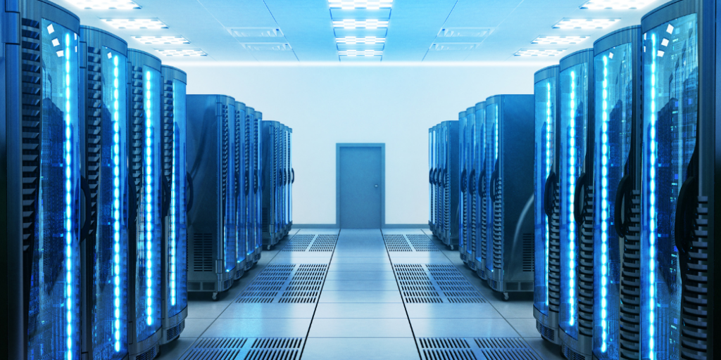 Inside view of a large data center with high-performance servers